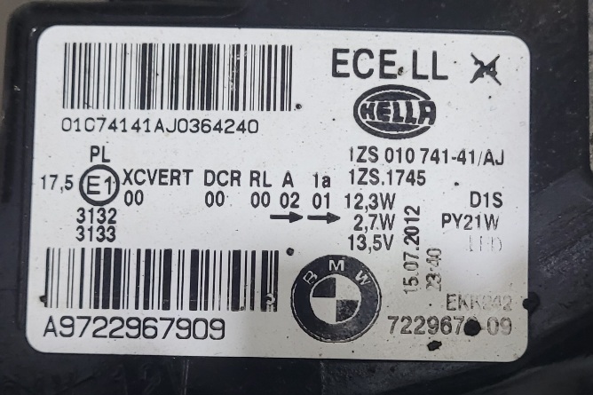 Фара BMW 1 F20 левая (под ксенон D1s) 722967 (без стекла и маски) БУ 12г.
