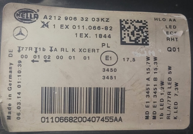 Фара Mercedes E-class w212 (рест.13-16г.) LED правая A2129063203KZ бу (новое стекло, корпус)